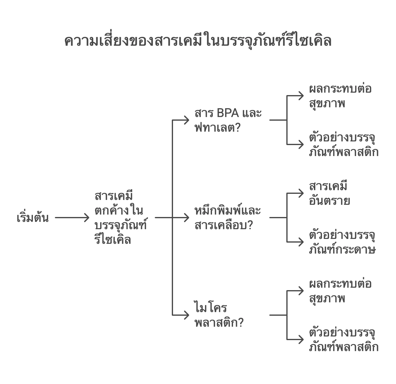 แผนผังแสดงความเสี่ยงจากสารเคมีในบรรจุภัณฑ์รีไซเคิล เช่น BPA หมึกพิมพ์ และไมโครพลาสติกต่อสุขภาพ